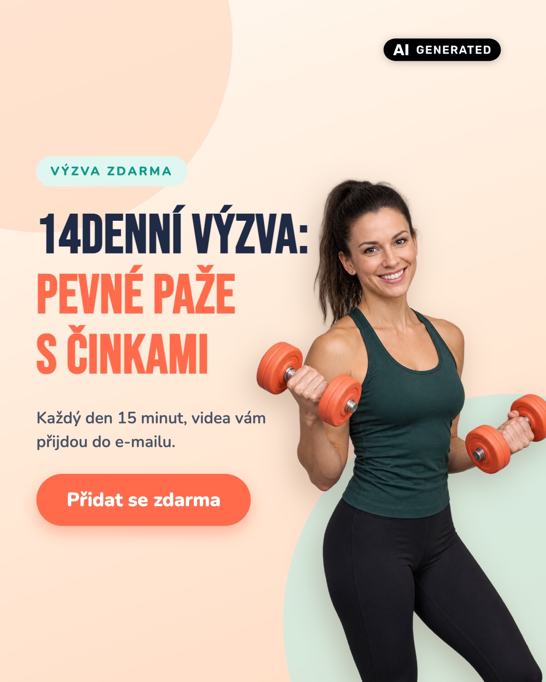Stejný AI banner s&nbsp;realistickou ženou, označený ikonou AI GENERATED